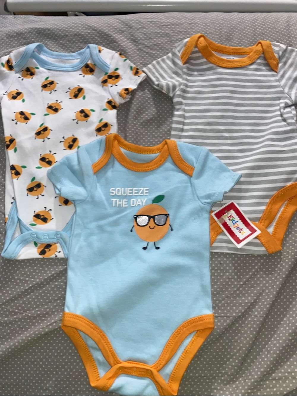 Kids 3-Pack Orange & Blue One-Piece Bodysuits - Squeeze The Day